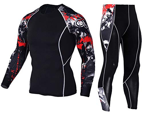 Men's Workout Set Compression Shirt and Pants Top Long Sleeve Sports Tight Base Layer Suit Quick Dry & Moisture-Wicking Grey&Red M
