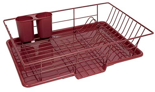 Sweet Home Collection - Set in metallo da 3 con scolapiatti, sgocciolatoio e porta utensili, 30,5 x 48,3 x 12,7 cm, bordeaux