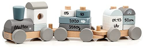 Holz Eisenbahn blau - personalisierbar I Geschenk zur Geburt Jungen I Handmade Holzspielzeug mit Steckformen I Personalisierte Geschenke Baby I Holzzug mit Name & Geburtsdaten
