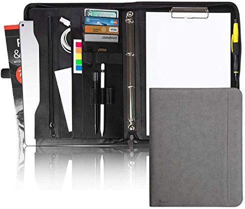 Vebon® Schreibmappe Ringbuch A4 Berlin I Reißverschluss + Klemmbrett I Konferenzmappe + Laptoptasche I extra Stauraum I Grau I Kunstleder