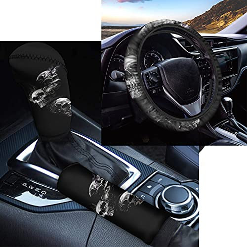 Coloranimal Universal 38,1 cm Auto Lenkradbezug Set mit 3-teiligem Skelett-Totenkopf-Aufdruck, Stretch-On-Abdeckung, Handbremsen-Abdeckung & Schaltknauf-Abdeckung, passend für SUV, Van, Limousine