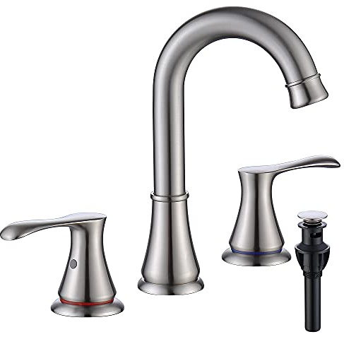 WiPPhs 3 Hole Bathroom Faucet with Pop Up Drain and cUPC Faucets Supply Hose, 360 Degree Swivel Spout 2 Handle 8 inch Brass Widespread Bathroom Sink Faucet, Basin Faucet Mixer Taps (Brushed Nickel) | with Pop Up Drain and cUPC Supply Hose, 2 Handle 8 inch Widespread Bathroom Sink Faucet, hot an cold water