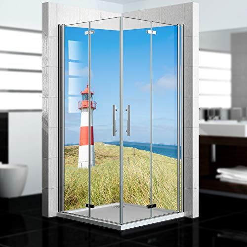 dedeco Hörndusch vägg vattentät motiv: Fyr V2, 2 x 90 x 200 cm, badrumsvägg, kakelersättning foglös väggbeklädnad, duschplatta, duschbakväggar av aluminium, tillverkad i Tyskland
