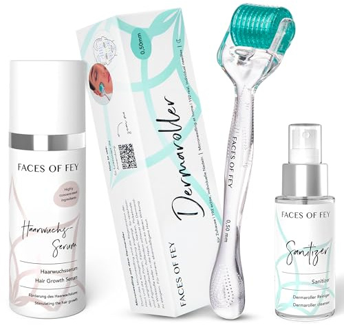 FACES OF FEY Dermaroller für Haare – Microneedling Roller 0,5mm mit ECHTEN 192 Nadeln gegen Haarausfall - Haarwachstumsserum & Sanitizer - Hair Growth Set