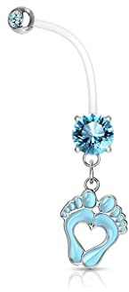 Paula & Fritz® Bauch-nabelpiercing Schwangerschafts-Piercing Baby-Füße Zirkonia Bio Flexibler Stab Bauch-Piercing Set Blau Pink Weiß Nabel-Piercing
