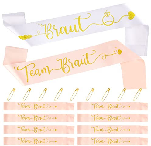 FLOFIA 10PCS JGA Schärpe Braut JGA Accessoires 9* Team Braut Schärpe Rosegold Junggesellinnenabschied Deko Brautaccessoires Bachelorette Party Hochzeit Zubehör Mädchen-Nacht