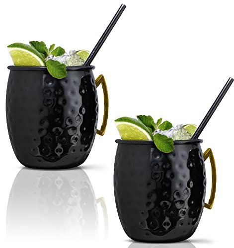 Artisan's Anvil Moscow Mule Becher mit Strohhalmen, bequemer Messinggriff, Edelstahl gefertigt, Original gehämmerte Form, glänzend schwarz vernickelt, 2 Stück