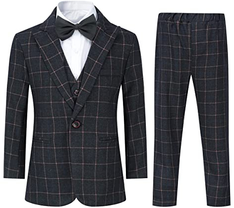 Sliktaa Boys Three Piece Plaid Suit Single Breasted Blazer Set | Single breasted blazer lapel collar waistcoat trousers soft fabric adjustable fit for weddings birthdays shows and parties