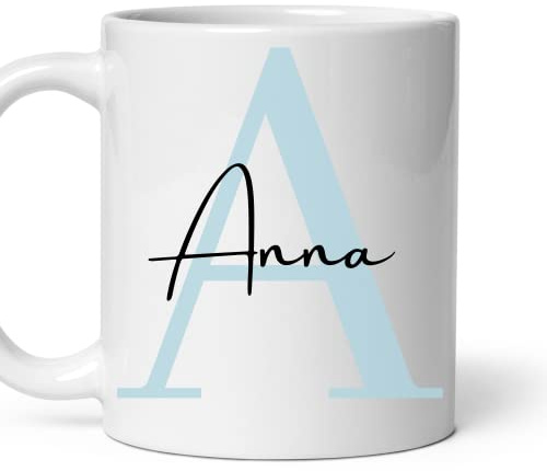 Tasse personalisiert mit Namen, Keramik Kaffeetasse, Namens-Tasse in verschiedenen Farben, Anfangsbuchstabe, personalisierte Tasse (Babyblau)