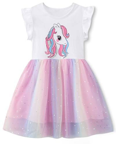 Flickklänningar, T-shirtklänning långärmad och kort bomull ledig flickklänning tecknad djur blommor mönster klänning för flickor prinsessklänning, Ur1# enhörning/flerfärgad, 4-5 år