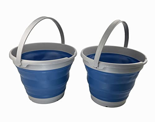 SAMMART 10L zusammenklappbarer Kunststoffeimer–Faltbare runde Wanne – tragbarer Wassereimer zum Angeln – platzsparender Wassertopf für den Außenbereich. (Grau/Nebelblau (2er-Set))