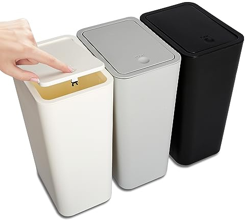 NetDot N Paquete de 3 botes de basura pequeños de 10 litros con tapa, cubo de basura de baño con tapa emergente, cesta de basura para baño, cocina, dormitorio, tocador, oficina, universidad
