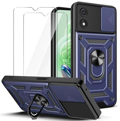 LYZXMY Funda para Motorola Moto E13 4G (6.5) + 2 x Protector de Pantalla Vidrio Templado - Carcasa con Soporte rotativo de 360 °[ Doble Capa PC + TPU ] Caso Case Azul