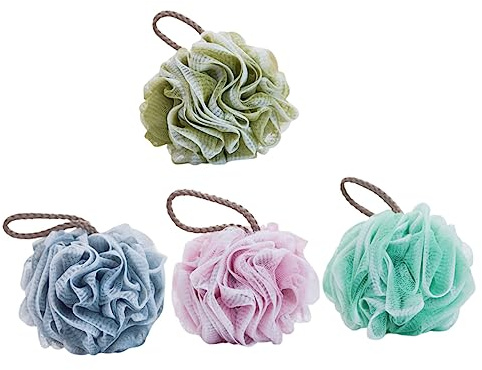 FRCOLOR 4 Bola de Baño Exfoliante, Bola de Ducha Corporal Malla para Baño y Viaje, Incluye Cuerda para Colgar