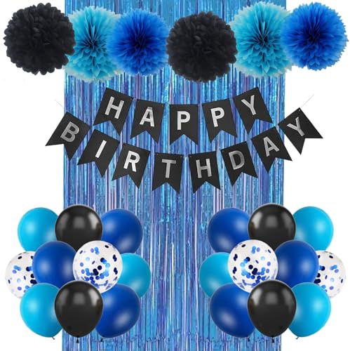 Rishafowg Blue and Black Happy Birthday Party Decorations, Boy Birthday Decorations with Banner Pompoms and Curtains Suitable for Men Women Boys and Girls