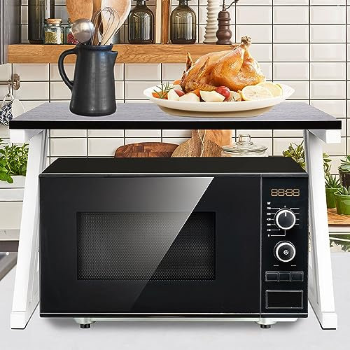 Mensola per microonde, a 2 livelli, supporto per microonde, con 4 zappe, organizer in acciaio al carbonio per tostapane, friggitrice ad aria calda, cucina (a forma Z, noce nera)