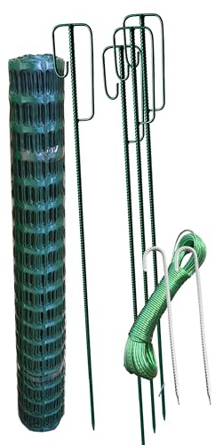 UvV Solido Fangzaunset Grün 4 Absperrhalter + 10 Meter Maschenzaun Kunststoff Reissfest, 150 gr qm, Campingplatz Zaun (Profi Set mit Spannseil + 2 XXL Heringen)