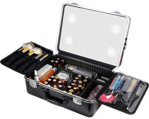 XSMYdpuk Trousse de Maquillage Professionnelle avec lumières Chaudes LED réglables, Mallette de Train cosmétique, boîte à Outils cosmétiques de beauté avec Miroir, Mallette de Train Portable pour voy