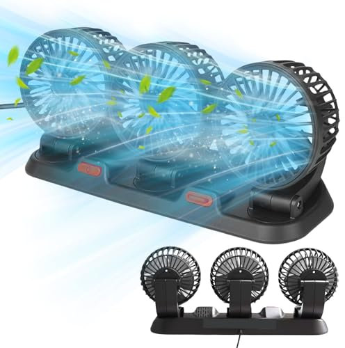 12V Auto Ventilator USB Dreiköpfiger, Ventilator, Leiser Lüfter, Auto Lüfter, Tragbarer Luftkühlungsventilator mit 2 Geschwindigkeiten, 360 °Grad-Drehung Einstellbarer für LKW, Wohnmobil, SUV