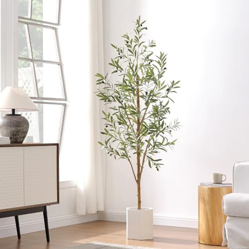 Keeplush 6ft Artificial Olive Tree, Fake Olive Tree with 672 Lifelike Olive Leaves and 48 Fruits, Faux Olive Silk Plants with Natural Wood Trunk in Pot for Live Room Bedroom Office Decor