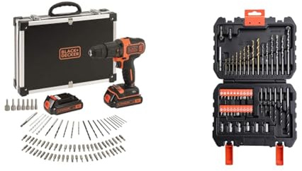 BLACK+DECKER BDCHD18BAFC - Kit Taladro Percutor 18V, Luz LED, Velocidad Variable & A7188-XJ Kit de 50 Piezas, Brocas de Titanio para Metal 5-6 mm, Brocas para Mampostería