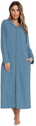 YARISNEY Bathrobe for Women Full Zip Housecoat Soft Lightweight Long Sleeve Crew Neck Nightgown with Pockets (Light Blue,XXL)