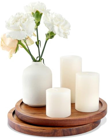 Candle Tray Table Centre Piece Decoration Set of 2, Acacia Wood Decorative Trays Candle Plate Holder for Coffee Table Display Home Decor Farmhouse Rustic Round Wooden Tray for Christmas Decor 20cm