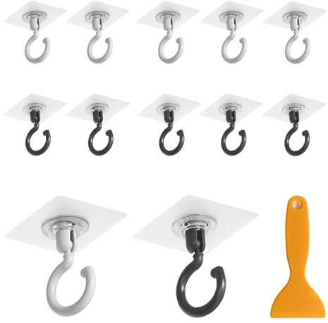 HEOUCH 10 Pezzi Gancio Girevole da Soffitto 360° Autoadesivi, Extra Forte Gancio Adesivo, Non Serve Forare Ganci Adesivi Bagno, per Senza Foratura per Cucina Bagno Camera da Letto Ufficio