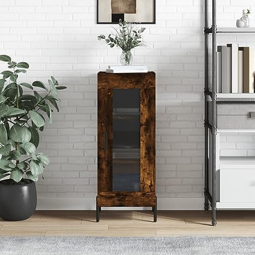 Generisch Sideboard 34,5x34x90cm Eiche geräuchert Holzwerkstoff, Metall, Glas Badschrank Vorratsschrank Fernsehschrank Küchenschränke schmal Wohnzimmermöbel Allzweckschrank