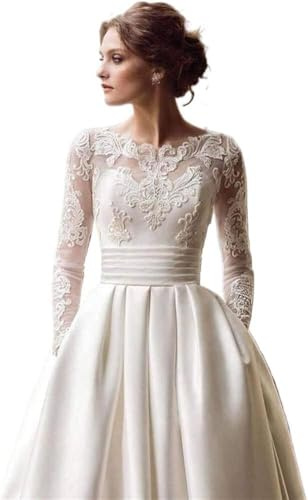 Robe de mariée à Manches Longues en Satin avec traîne et Appliques en Dentelle Blanche/Ivoire, Blanc, 42