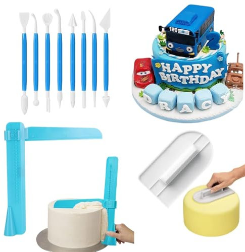 Narunii 10 Pcs Outils de Modelage de Gâteaux,Outils de Modelage de Fondant avec Réglable Grattoir à Gâteau,Lisseur Gateau,Sculpture à Double Extrémité,Cuisine Moule De Cuisson Outil