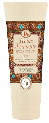 TESORI D'ORIENTE Body Lozione BYZANTIUM 250 ml, lozione aromatica per il corpo con rosa nera e labdano, rituale benessere per corpo e sensi