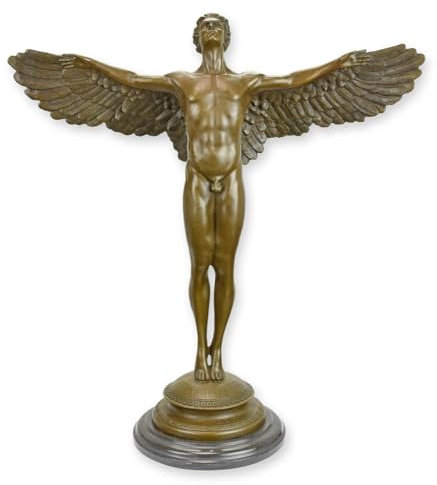 JS Garten Deko Bronzefigur 'Geflügelter Mann' – Engel aus Bronze auf Sockel, Höhe 60 cm, Ausdrucksstarke Kunst