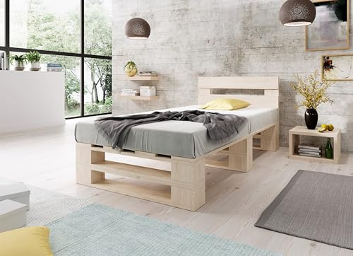 Lermowood Palettenbett M2 aus Holz 90 x 200 cm Natur mit Kopfteil Holzbett 30cm Stabiles Seniorenbett Kinderbett Jugendbett Gästebett erhöhtes Einzelbett Bettgestell Futonbett Komforthöhe Naturholz