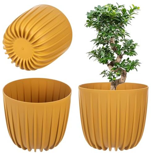 KADAX Pot de fleurs en plastique, Pots de plantes modernes, Pot de plante avec motif géométrique, bac à fleurs rond avec insert, Cache-pot (Jaune foncé, 23,5 x 21 cm)