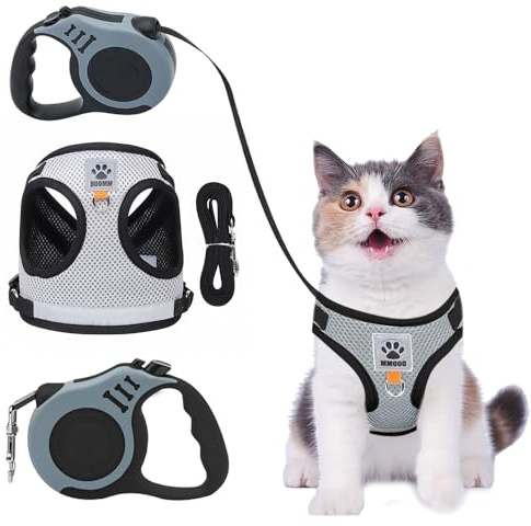 Hojalis Katzengeschirr und Leine, ausbruchsicher, Kätzchengeschirr mit Leine, reflektierend, verstellbare Weste mit 5 m, automatischer Teleskop-Katzenleine für kleine Haustiere, Welpen, Katzen