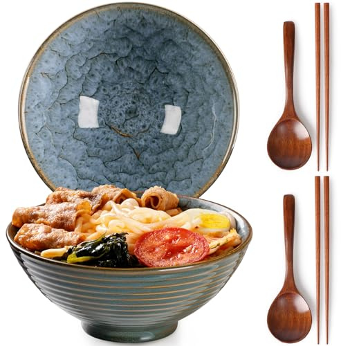 NUTRIUPS 2 x 1200ml Ramenschüssel aus Keramik mit Essstäbchen und Löffeln, 20cm Bowl Schüssel Suppenschüssel Groß (Königsblauer Pfau)