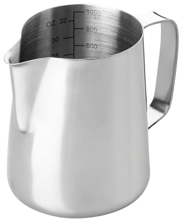 Messbecher Edelstahl 1000ML mit Griff & Skala, Milchkanne Messkanne 1000ml | Milchkännchen für Kaffee, Latte, Cappuccino | Handheld Aufschäumkännchen | Barista Zubehör aus 304 Edelstahl