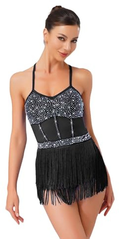 CHICTRY Women's Latin Dance Leotard Jazz Dance Top Sleeveless Fringe Sparkly Bodysuit Samba Salsa Dancewear Black M