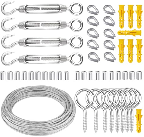 51 Pcs Wire Rope Kit, 15m 2mm Stainless Steel For Garden Climbing Plants, Heavy Duty M5 Turnbuckle Wires Tensioner, Vine Eyes Screws Hooks Set for String Lights Hanging, Wisteria, Outdoor Camping