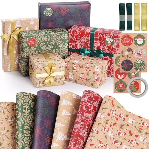 Hianjoo Papel de Regalo, 6 Hoja Papel Reciclable 70x50cm Envolver Regalos Papeles Craft con 2 Hoja Pegatinas de Regalo 1 Cinta de Doble Cara y 4 Cintas Decoración Fiesta Bricolaje, Navidad Clásica