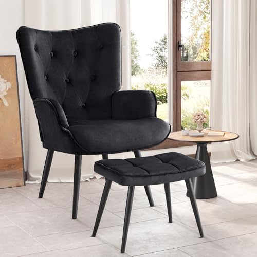 Ckaff Sessel mit Hocker, Ohrensessel mit Hocker aus Samt, Sessel Wohnzimmer Relaxsessel mit Fußstütze Loungesessel Polstersessel fürs Wohnzimmer Schlafzimmer Arbeitszimmer, Schwarz