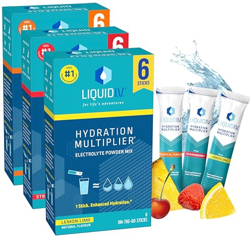 Liquid I.V. Electrolyte Sachets | Lemon Lime + Tropical Punch + Strawberry | Hydration Electrolyte Powder Mix | 3 Pack (18 Sticks) | 7 Vitamins and Minerals | Vegan
