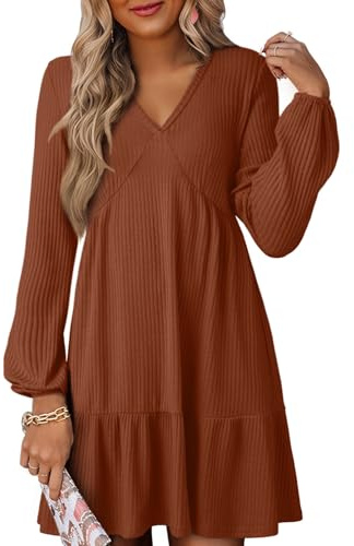 Dokotoo Women's Long Sleeve Dresses Casual V-Neck Dress for Women Fashion Elegant Empire Waist A Line Swing Womens Outfits Ribbed Knitted Elastic Autumn Ladies Pullover Minidress Brown L
