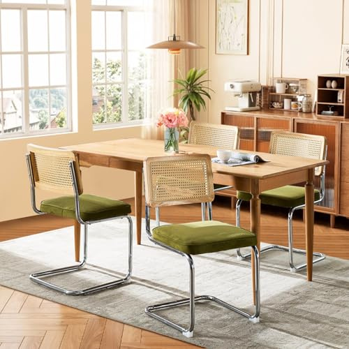 SoarFlash Mid-Century Moderne Esstühle, Handgewebte Rattanlehne, Cantilever-Struktur aus Verchromtem Stahl, Weiches Samtpolster, Set aus 4, Grün