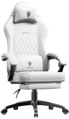 Dowinx Gaming Chair for Adults, Ergonomic Gaming Chairs with Footrest & Linkage Armrests,Game Chair mit Massagefunktion, Breathable Soft Leather Gamer Chair,Adjustable 90°–145°Recline,White