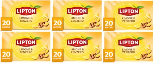 Lipton Limone e Zenzero, infuso naturalmente senza caffeina, Infusi alla frutta ed erbe, Confezionati singolarmente, 120 filtri (6 confezioni da 20 filtri)
