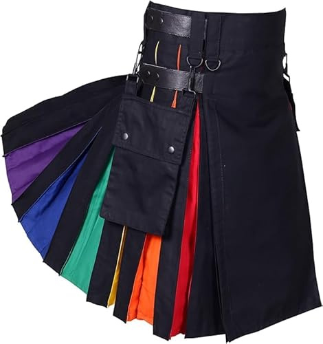 TOUS LES SPORTS Kilt Arc-en-Ciel pour Homme - Kilt plissé 100% Coton avec Couleurs Arc-en-Ciel et Sangles en Cuir - Festival, fierté et fête (FR/ES, numérique, 44, Standard, Standard)