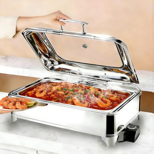 BOVDC 9L Chafing Dish Electrico para Buffet Temperatura Ajustable(Full Pan) | Calentador de Buffet Eléctrico de Acero Inoxidable, Calentador de Comida Electrico Buffet Profesional con Tapa Visible