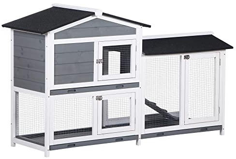 PawHut Hasenstall Kaninchenstall mit Freilaufgehege Rampe Kleintierstall aus Holz mit 2 Etagen Bodenwanne Kaninchenkäfig für 2 Zwergkaninchen, für draußen 157,4 x 53 x 93,5 cm, Grau